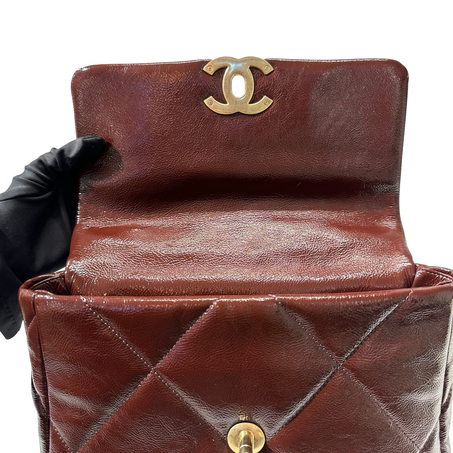 Used CHANEL Waxed Calfskin 19 Small Chain Shoulder Bag Brown GHW