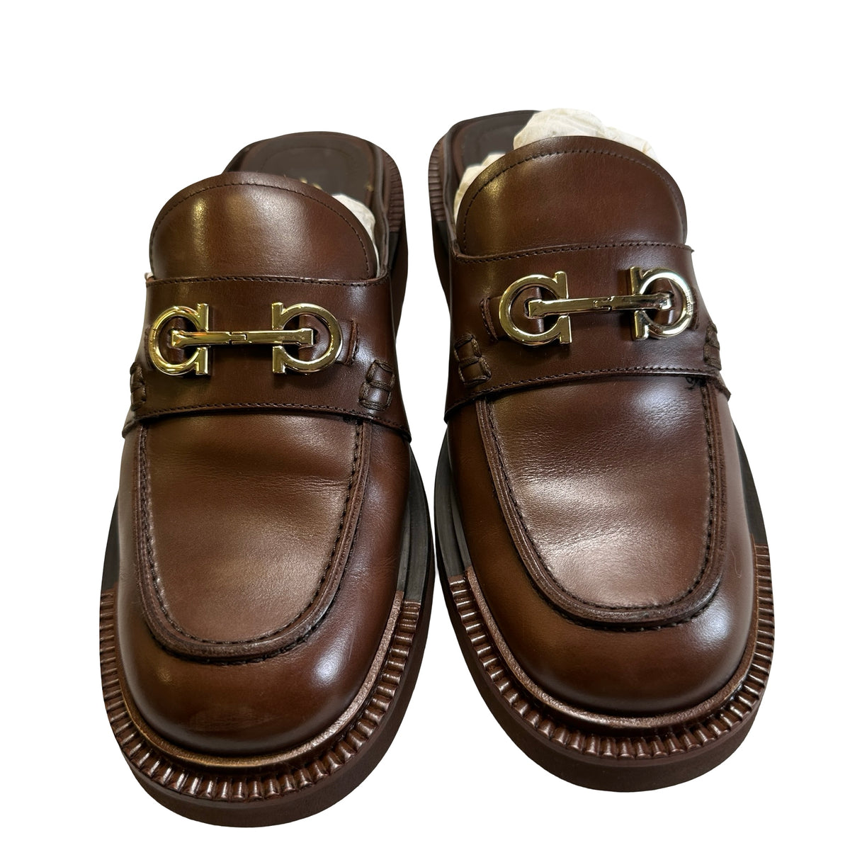 Used SALVATORE FERRAGAMO Leather Gancini Mules Shoes Brown