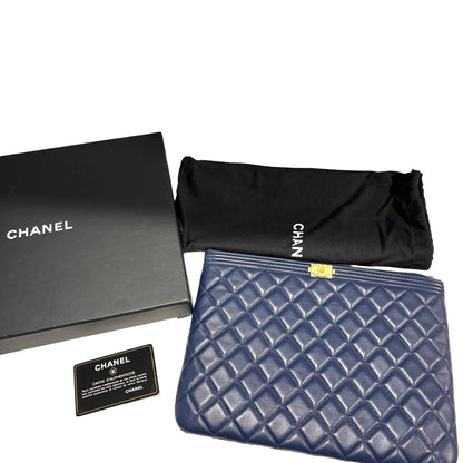Used CHANEL Quilted Leather Boy Chanel Pouch Pouch Navy