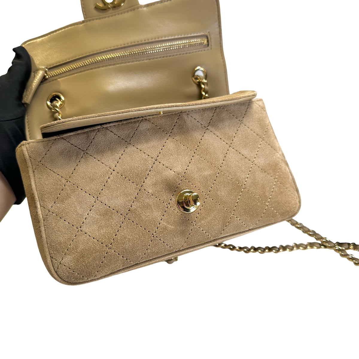 Brand New CHANEL Suede Classic Flap Shoulder Bag Beige GHW