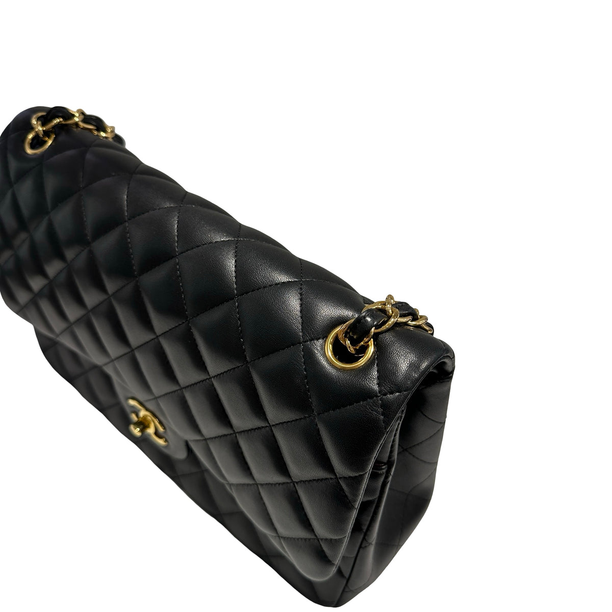 Used CHANEL Lambskin Quilted Jumbo Shoulder Bag Black Gold