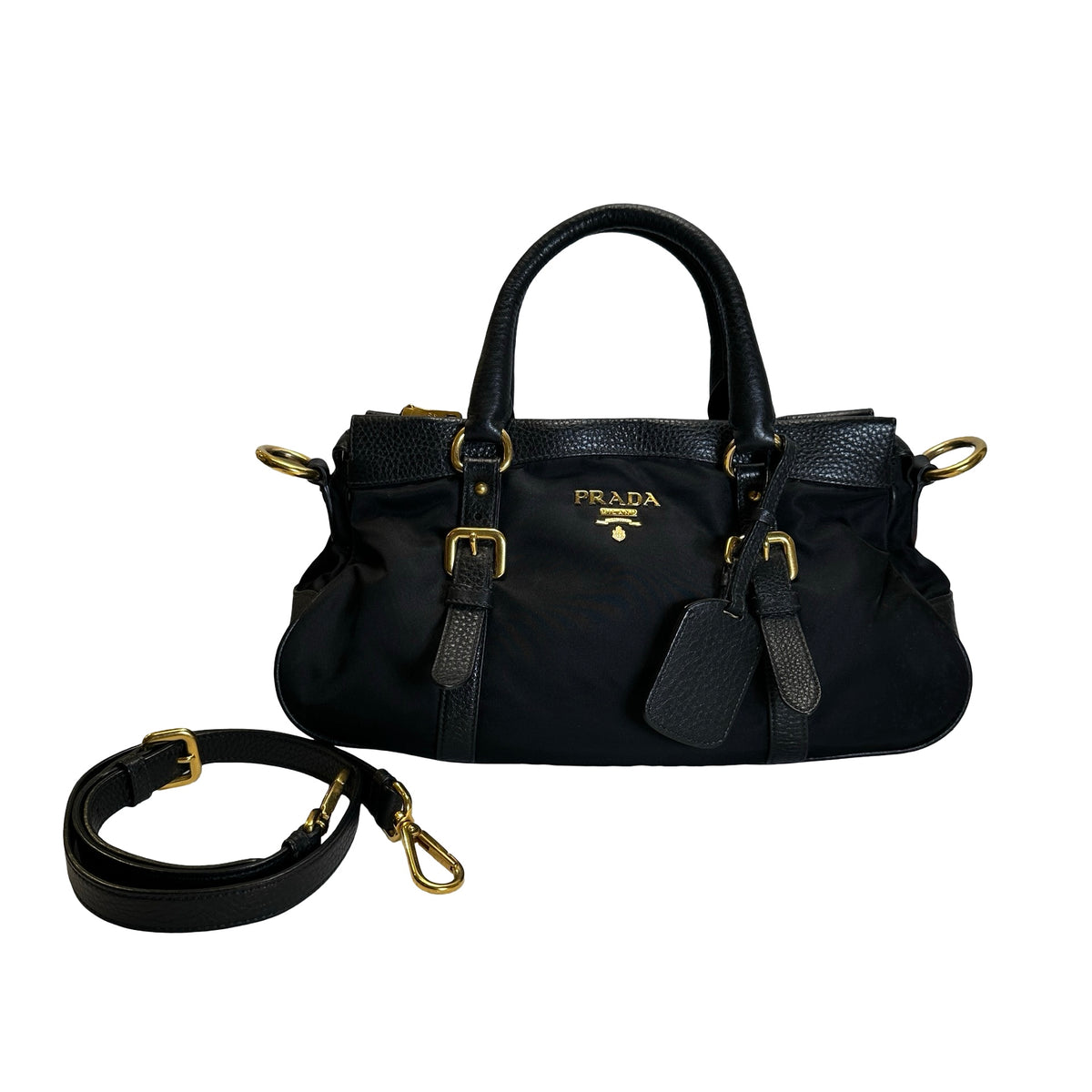 Used PRADA Nylon Leather Tessuto Vitello Daino Satchel Handbag Black Gold