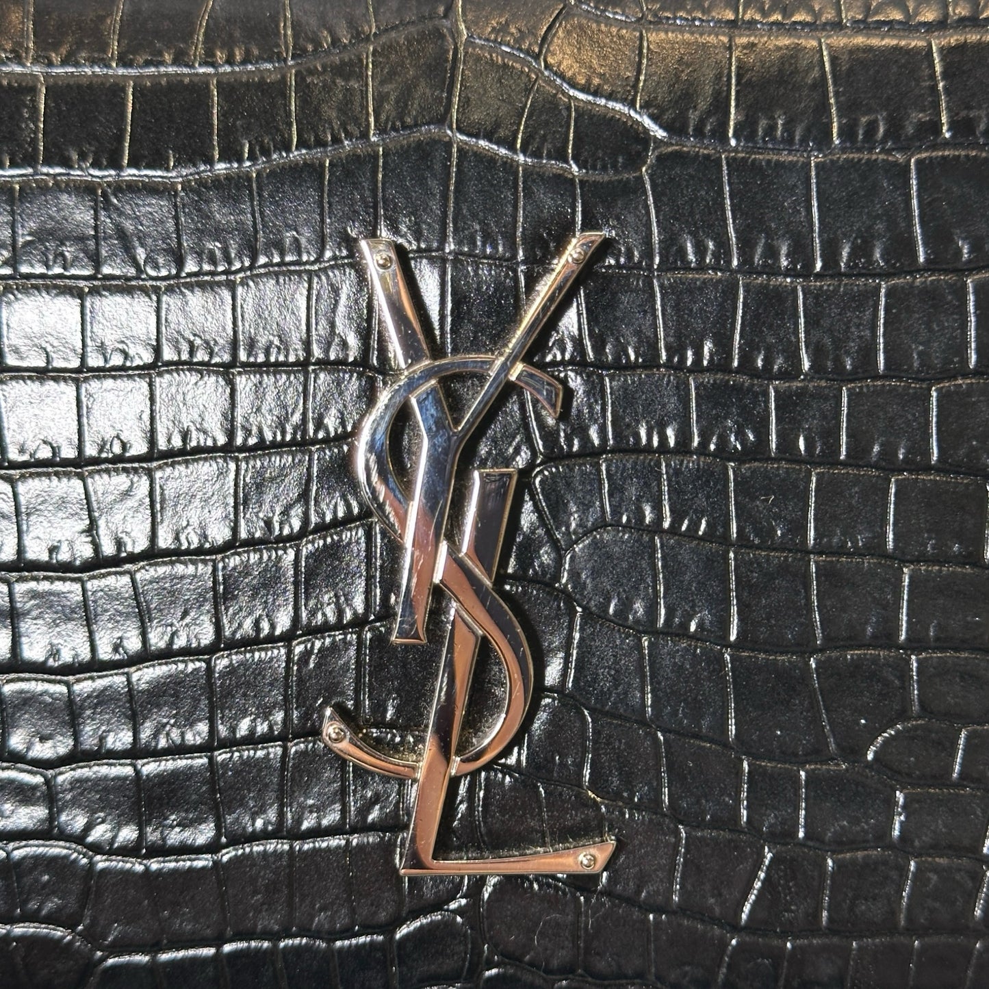 SAINT LAURENT Crocodile Embossed Leather Sunset Chain Shoulder Bag Black PHW