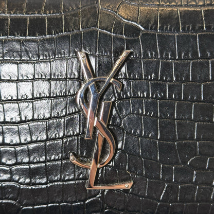 SAINT LAURENT Crocodile Embossed Leather Sunset Chain Shoulder Bag Black PHW
