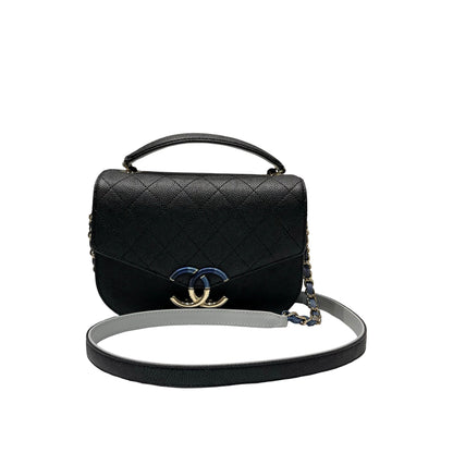 Used CHANEL Calfskin Leather Cross Body Bag Black GHW