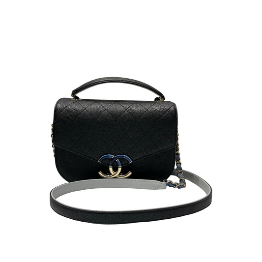 Used CHANEL Calfskin Leather Cross Body Bag Black GHW