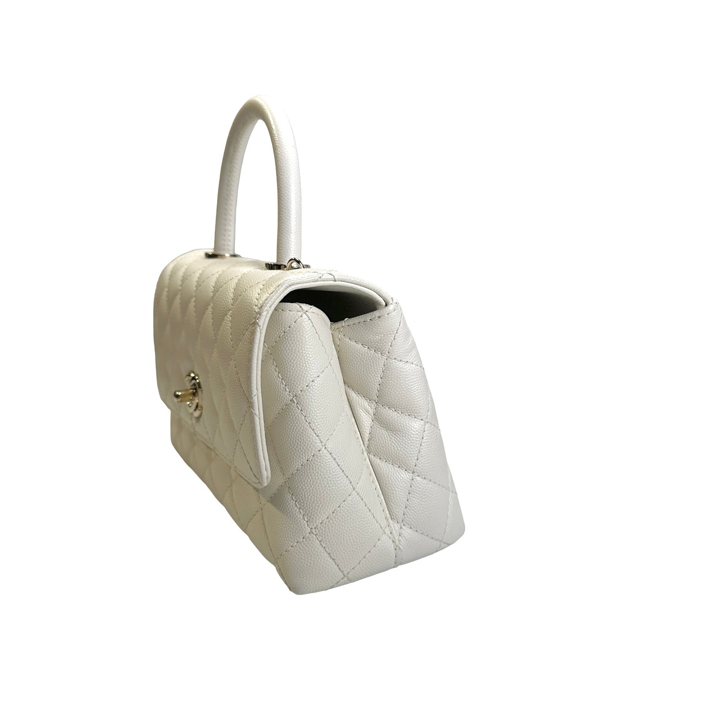 Used CHANEL Quilted Caviar Coco Handle Handbag White GHW