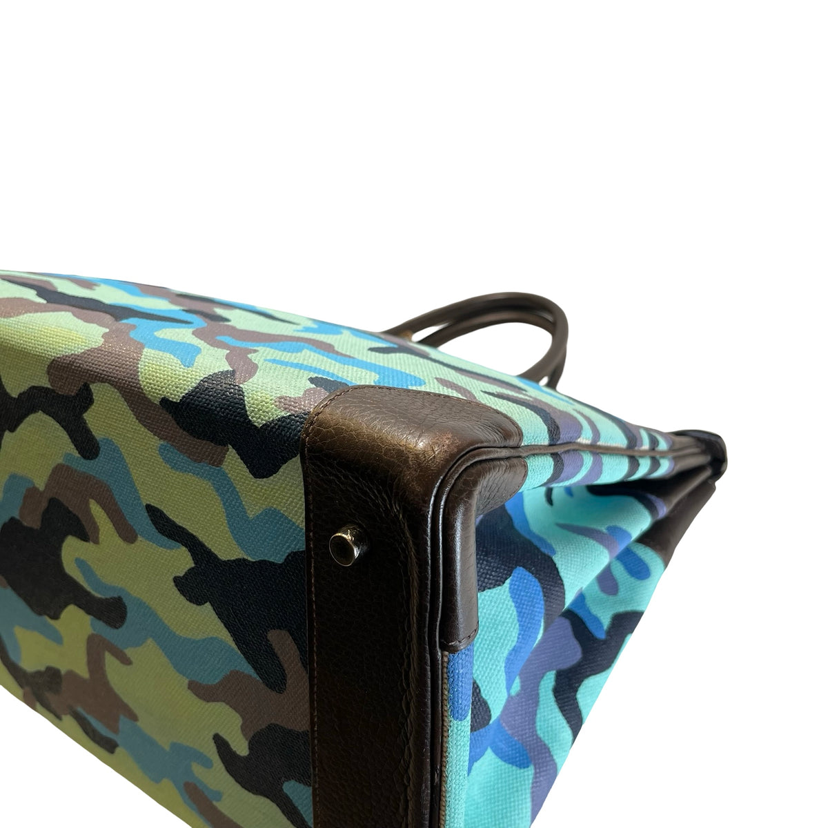 Used HERMES Camouflage Leather Toile HAC Birkin 35 Handbag Brown Blue Green