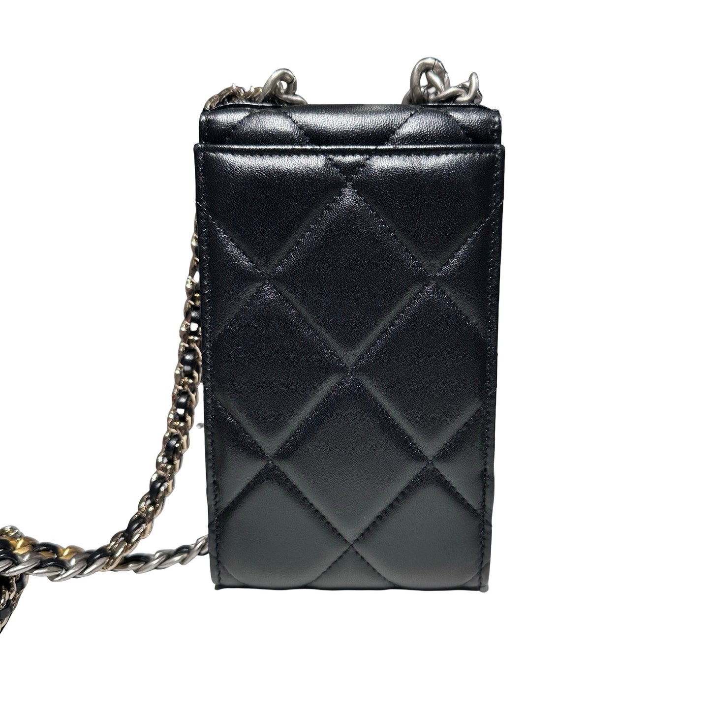 Used CHANEL Lambskin Leather 19 Phone Holder with Chain Phone Bag Black PHW