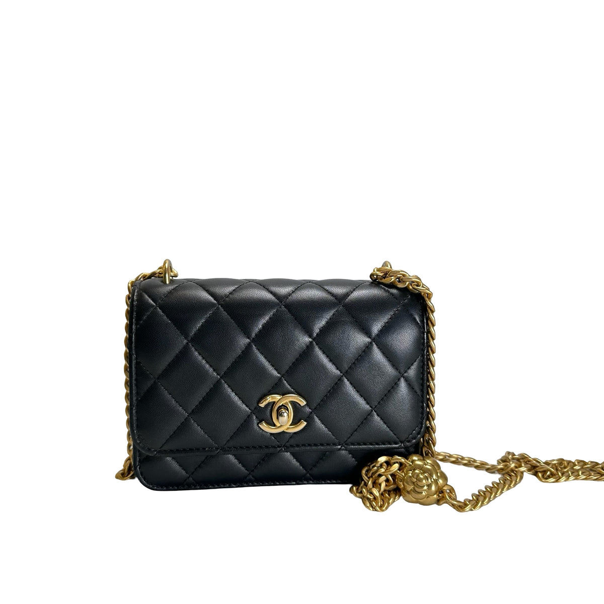 Used CHANEL Quilted Lambskin Mini Flap Bag Mini Flag Bag with Gold Ball Black Gold