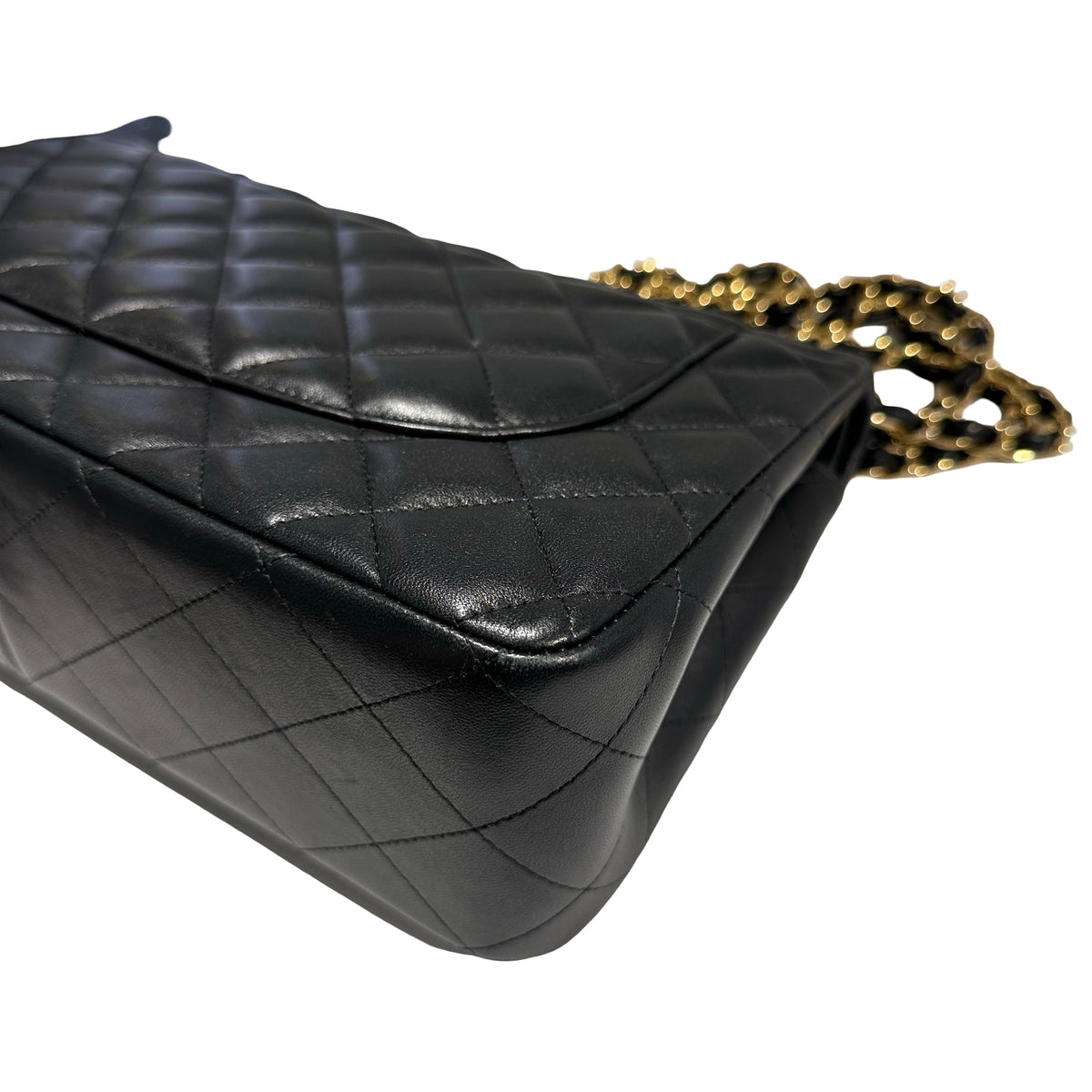 Used CHANEL Lambskin Quilted Jumbo Shoulder Bag Black Gold