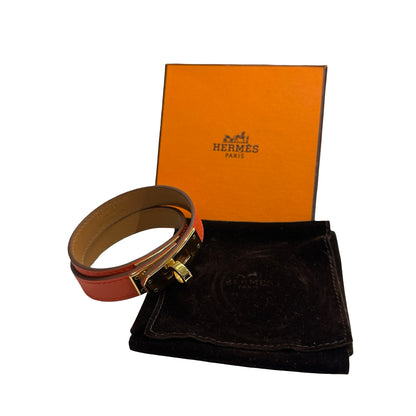 Used HERMES Leather Kelly Double Tour BRACELET Orange Gold