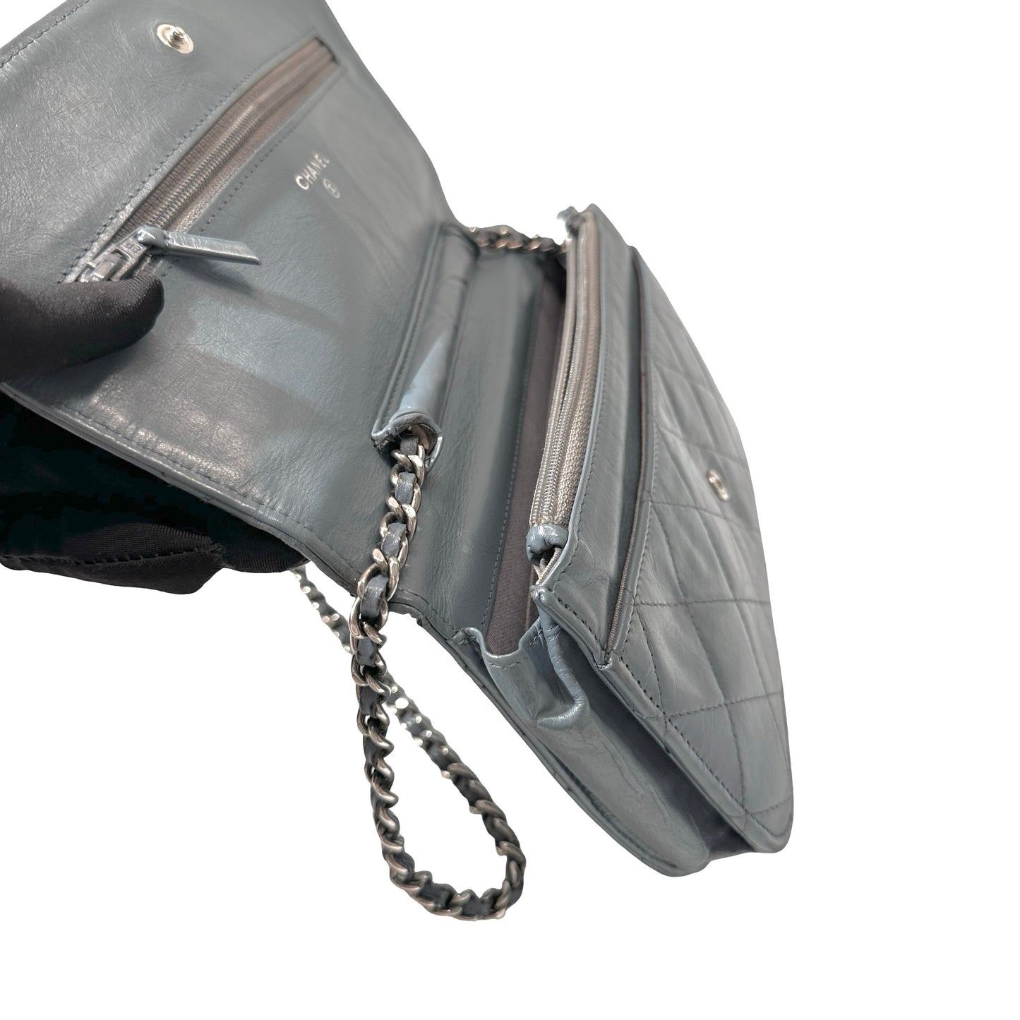 Used Chanel Shiny Calfskin WOC Cross Body Bag Baby Blue PHW