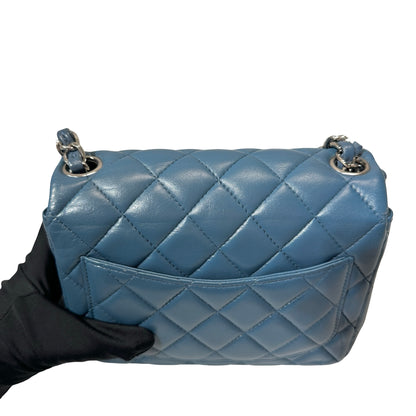 Used CHANEL Calfskin Leather Flap mini 17cm Cross Body Bag Blue PHW