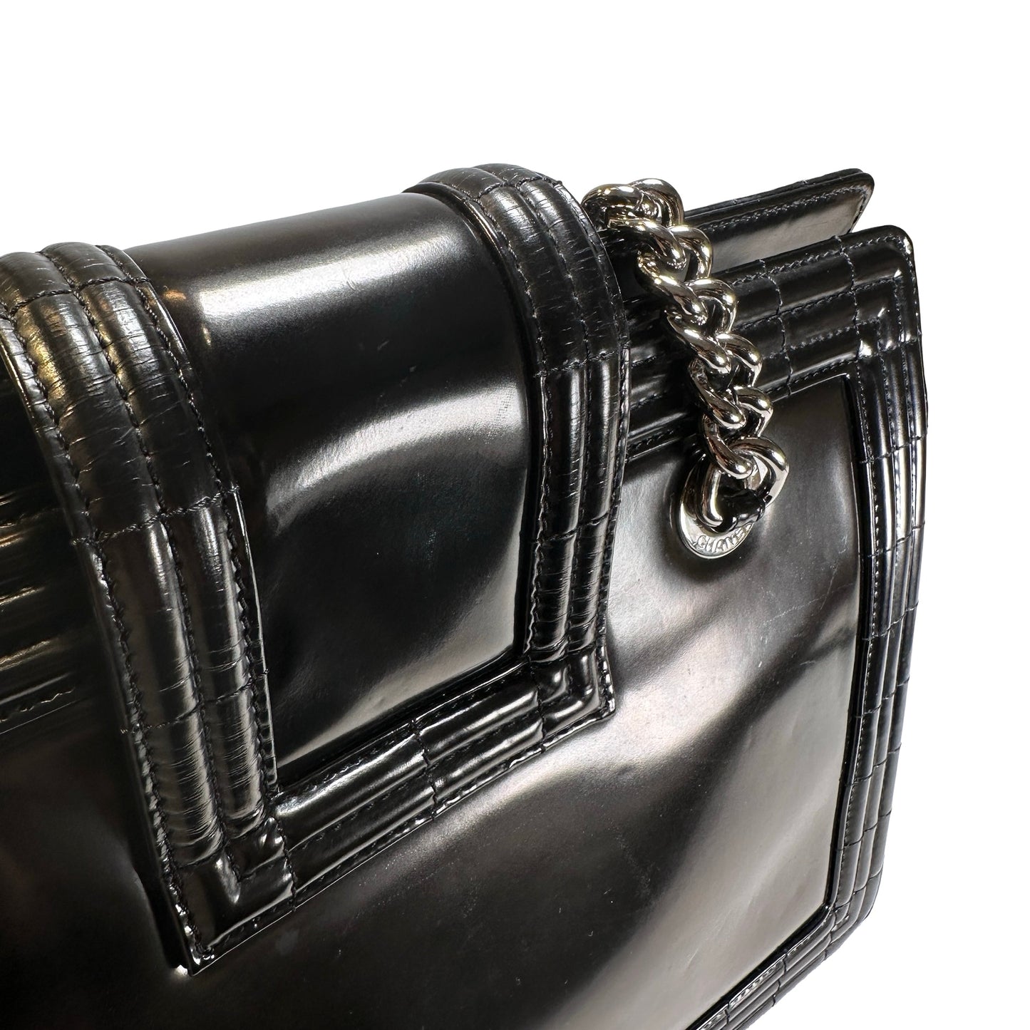 Used CHANEL Patent Leather Boy Shopping Tote Tote Bag Black PHW