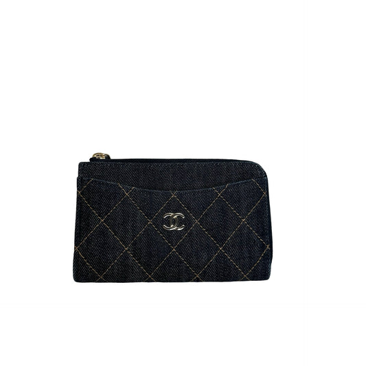Used CHANEL Quilted Denim Denim Quilted Wallet Pouch Blue