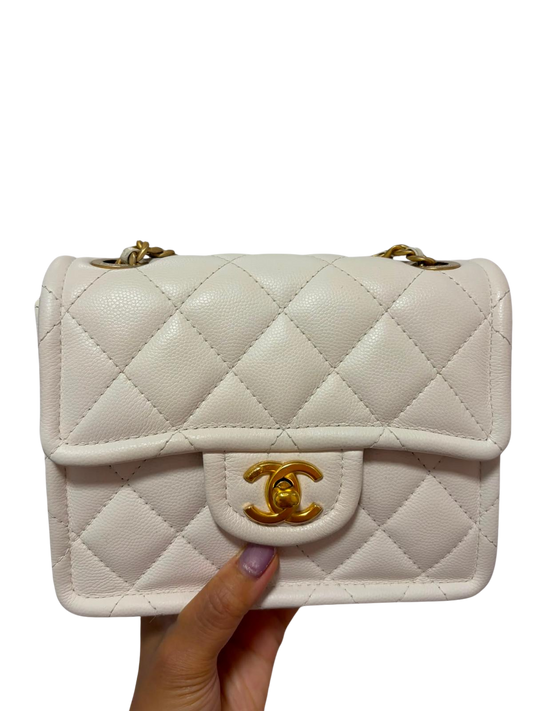 Used CHANEL Quilted Caviar Leather 21P Mini Flap Bag Mini Bag White Gold