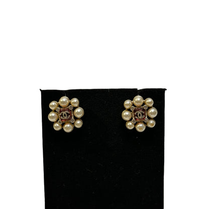 Used CHANEL Faux Pearl Strass CC Logo Pearl Stud Earrings Gold White Pink