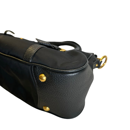 Used PRADA Nylon Leather Tessuto Vitello Daino Satchel Handbag Black Gold