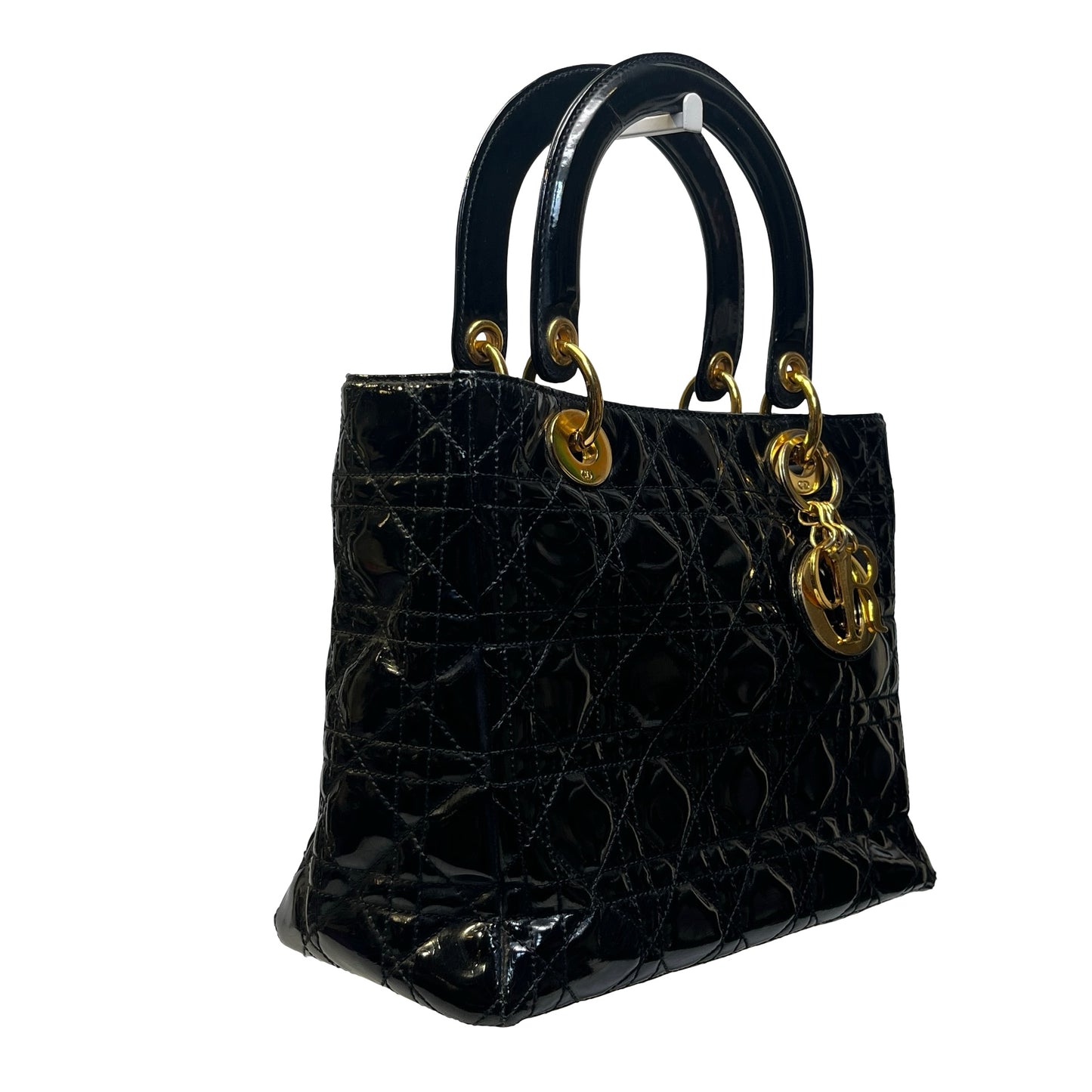 Used DIOR Cannage Patent Leather Lady Dior Handbag Black Gold