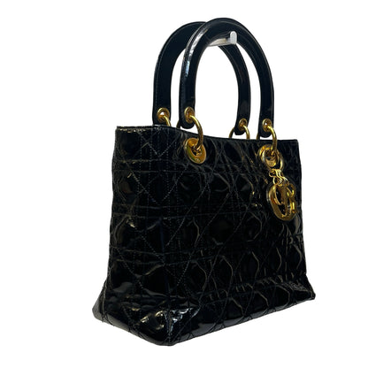 Used DIOR Cannage Patent Leather Lady Dior Handbag Black Gold