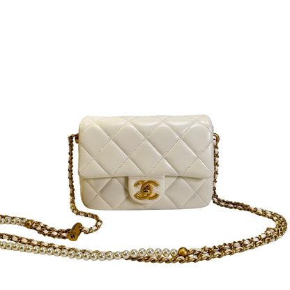 Used CHANEL Lambskin Mini Flap Bag With pearl Mini Bag White