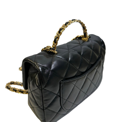 Used CHANEL Quilted Lambskin Top Handle Flap Bag Handbag Black
