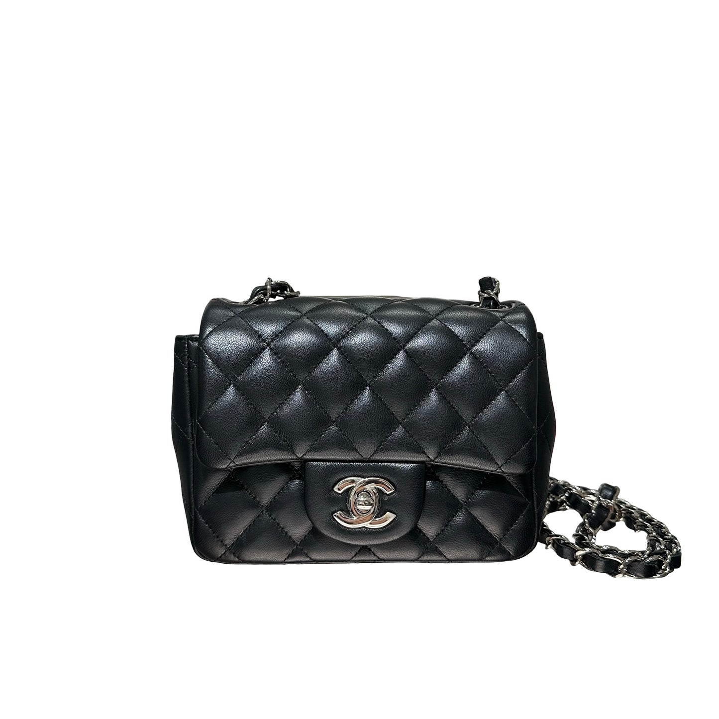 Used CHANEL Lambskin Leather Mini flap 17cm Cross Body Bag Black PHW