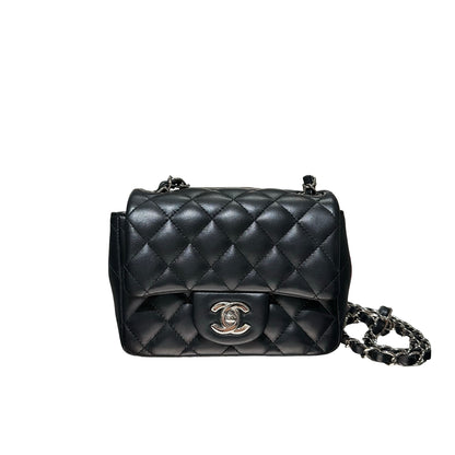 Used CHANEL Lambskin Leather Mini flap 17cm Cross Body Bag Black PHW