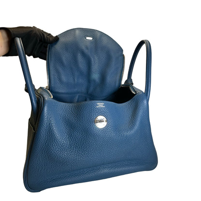 Used HERMES Leather Togo Lindy Handbag Blue PHW
