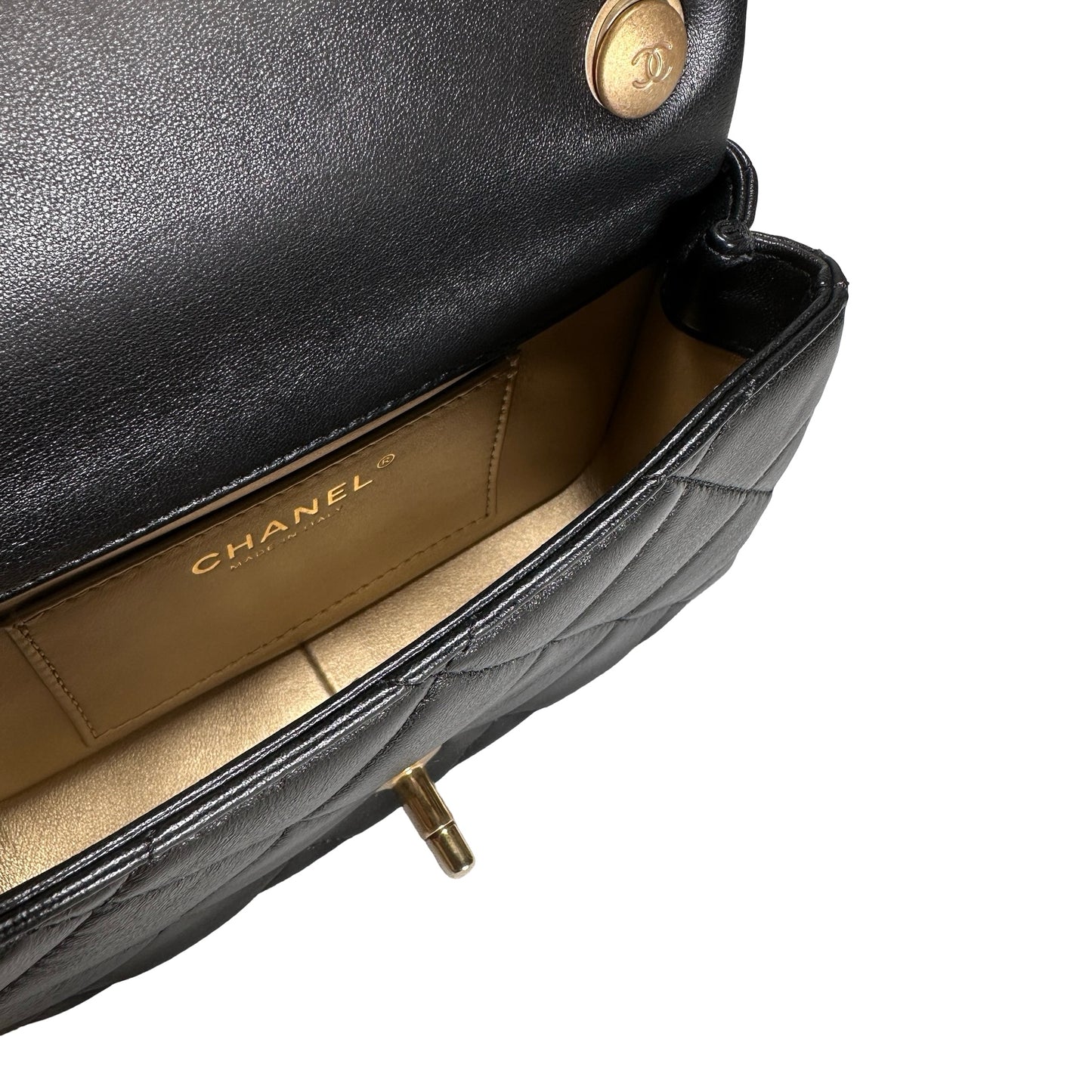 Used CHANEL Lambskin Quilted Mini Flap Bag Pearl Crush Mini Flag Bag with Gold Ball Black Gold
