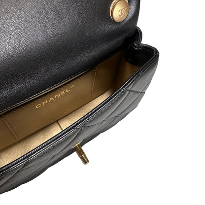 Used CHANEL Lambskin Quilted Mini Flap Bag Pearl Crush Mini Flag Bag with Gold Ball Black Gold