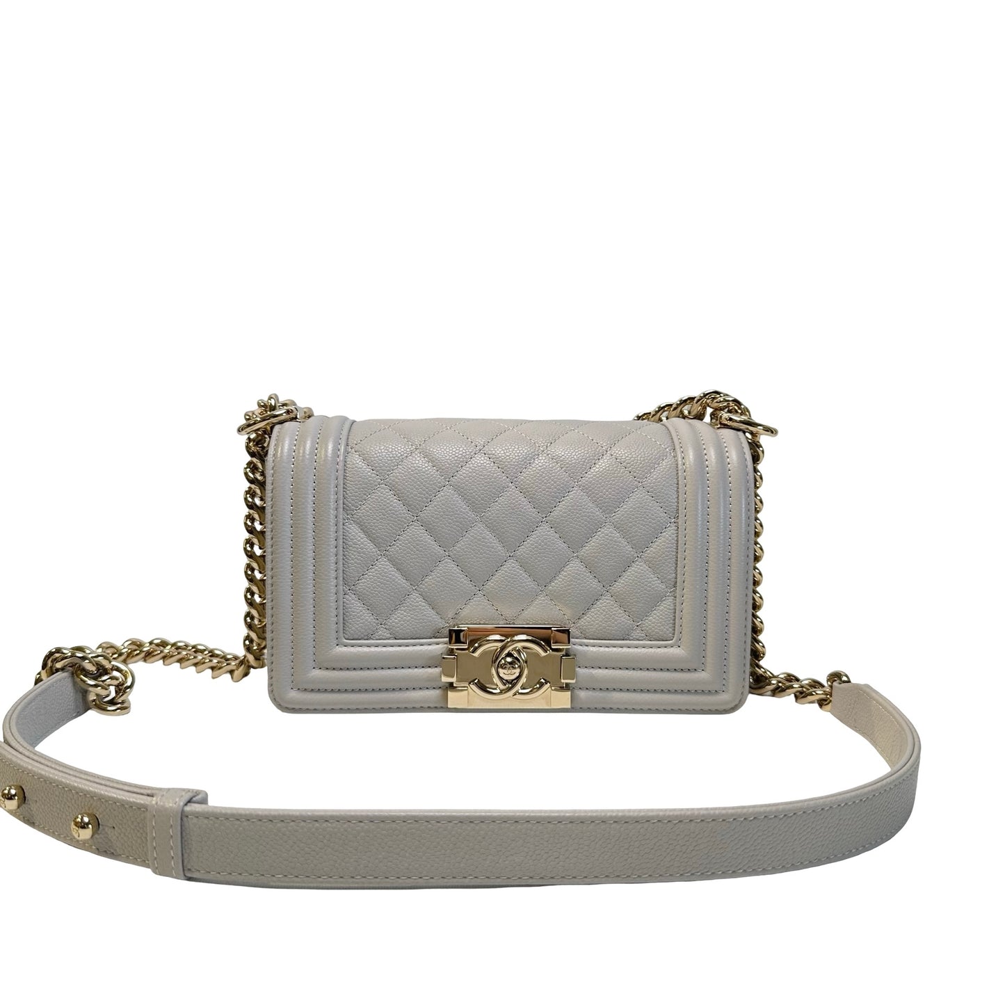 Used CHANEL Quilted Caviar Boy 20 Shoulder Bag Light Grey GHW