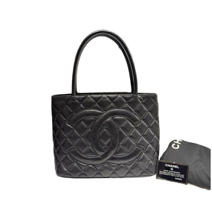 Used Chanel Calfskin Leather Vintage Tote Bag Black GHW