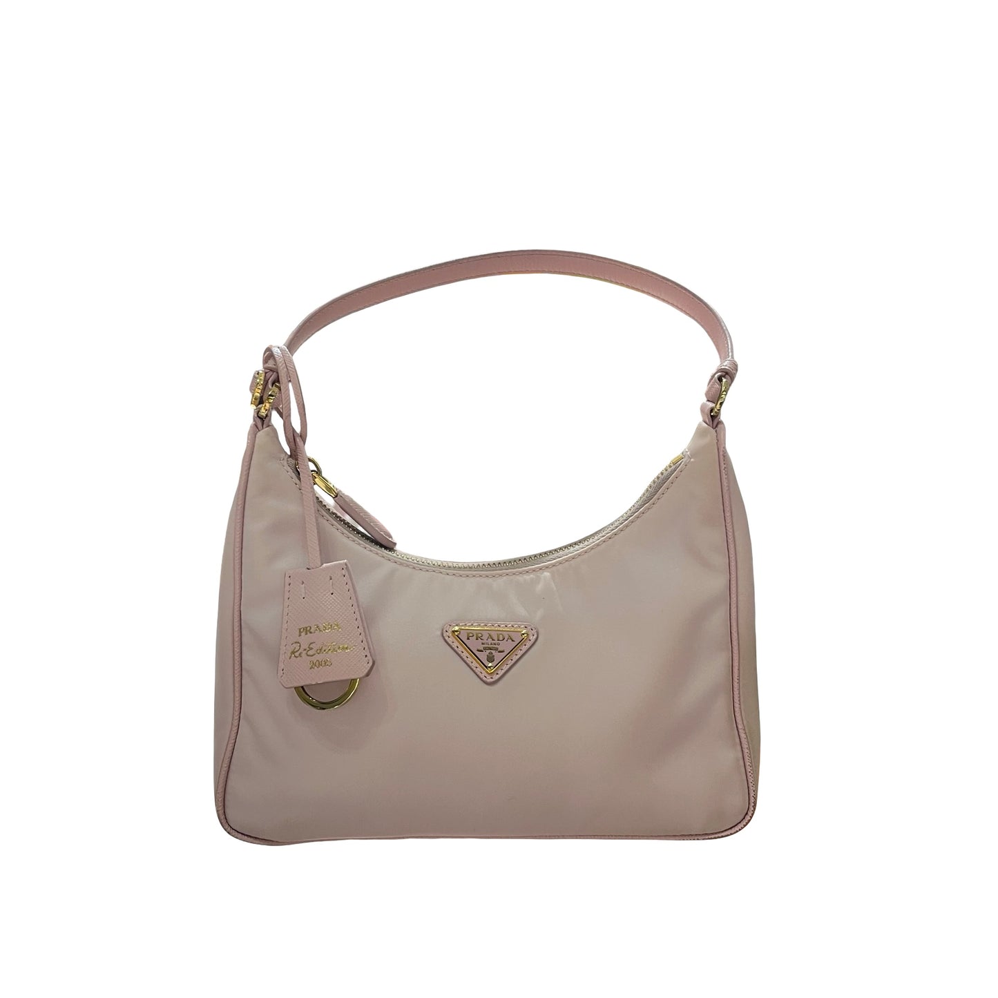 Used PRADA Nylon Calfskin Leather Re-Edition Shoulder Bag Pink GHW