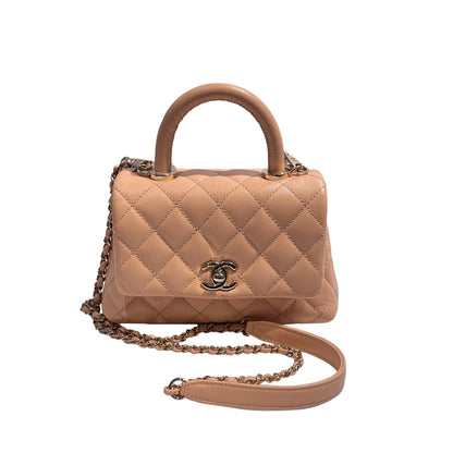 Used CHANEL Caviar Leather Coco Handle Small Shoulder Bag Beige GHW