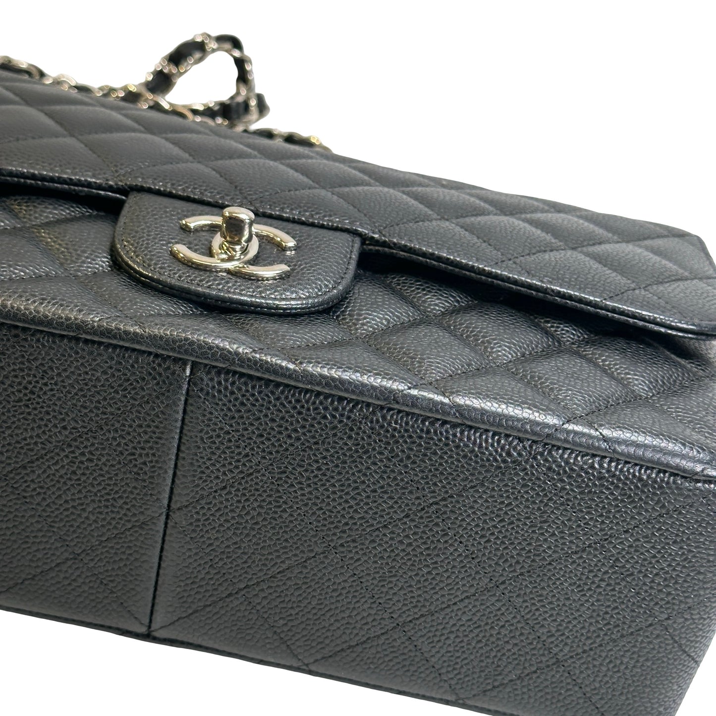 Used CHANEL Quilted Caviar Leather Classic Flap Chain Shoulder Bag Black Silver
