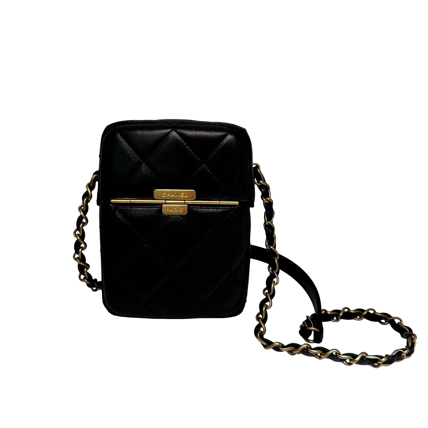 Used CHANEL Lambskin Leather Plexi Box Shoulder Bag Black GHW