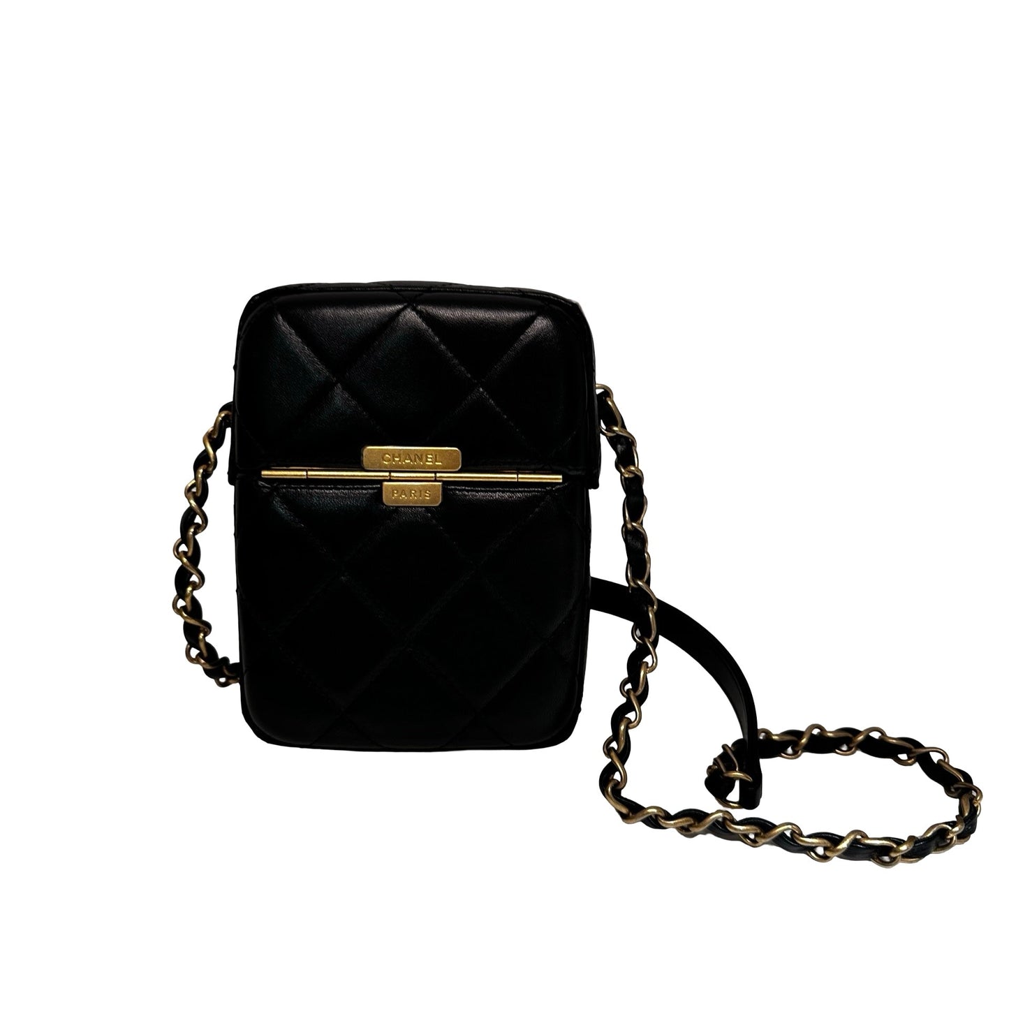 Used CHANEL Lambskin Leather Plexi Box Shoulder Bag Black GHW