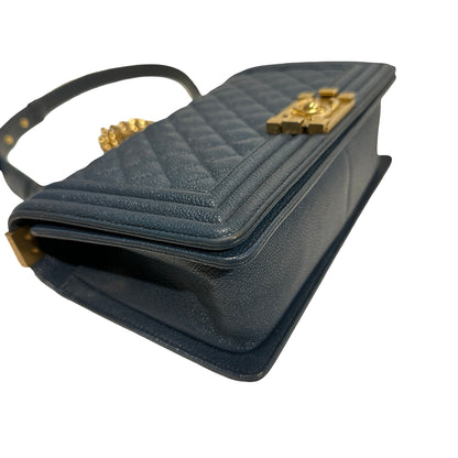 Used Chanel Calfskin Leather Boy 25 Shoulder Bag GHW Blue