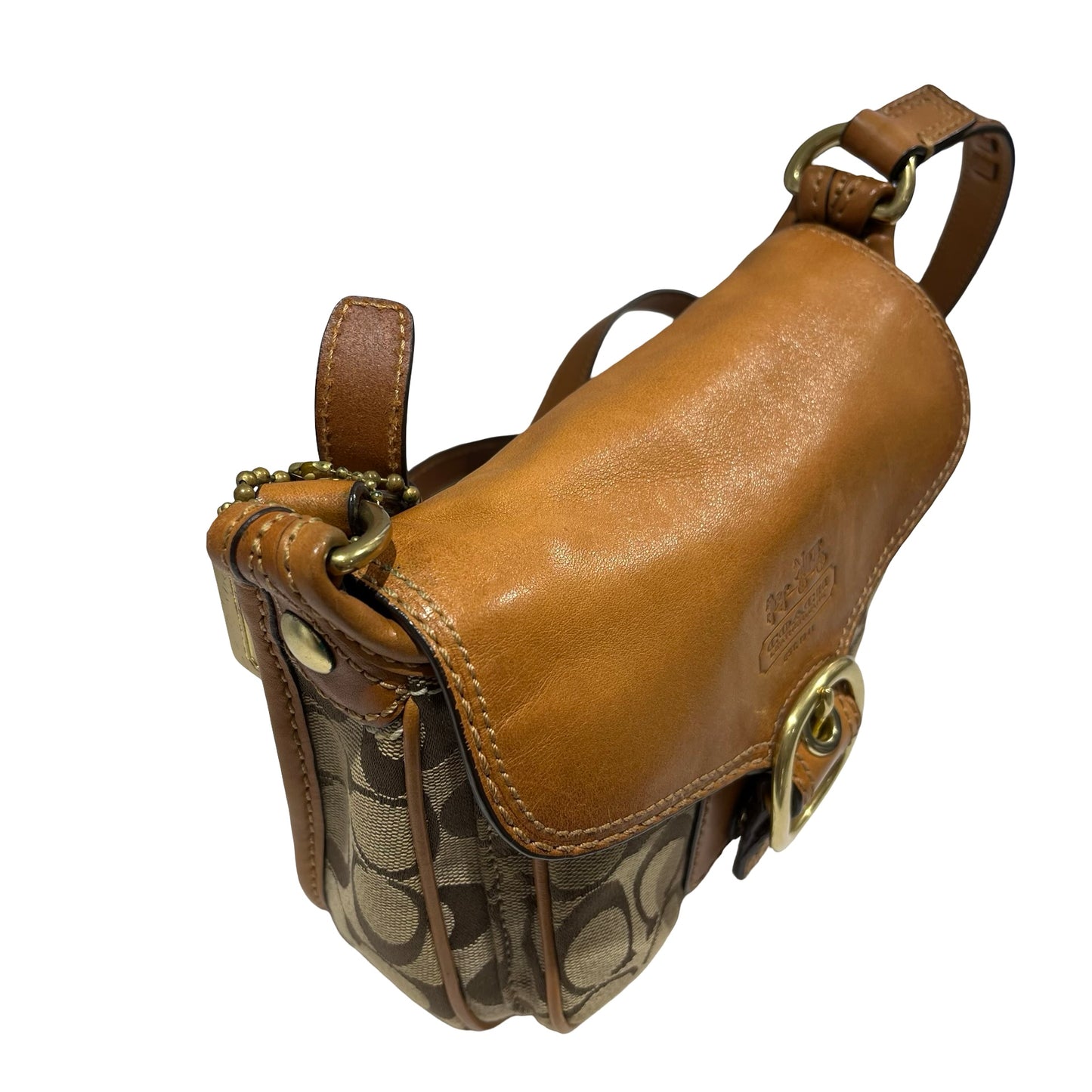 Used COACH Signature Canvas Leather Signature Canvas Flap Bag Crossbody Bag Brown Beige