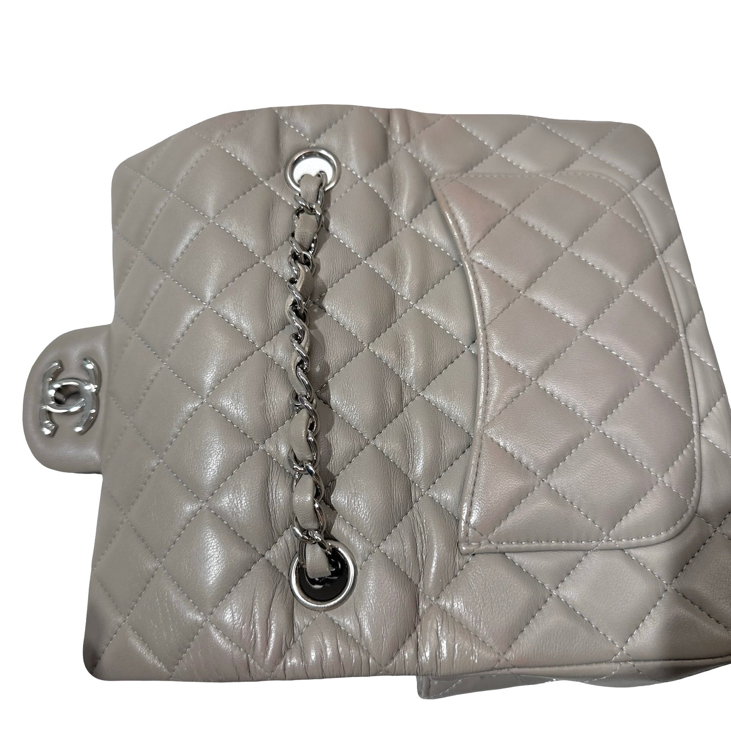 Used CHANEL Quilted Lambskin Classic Flap Chain Shoulder Bag Grey PHW