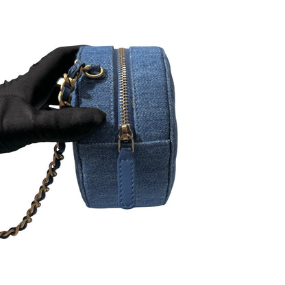 Used CHANEL Denim Chain with Gold Ball Cross Body Bag Denim Blue GHW
