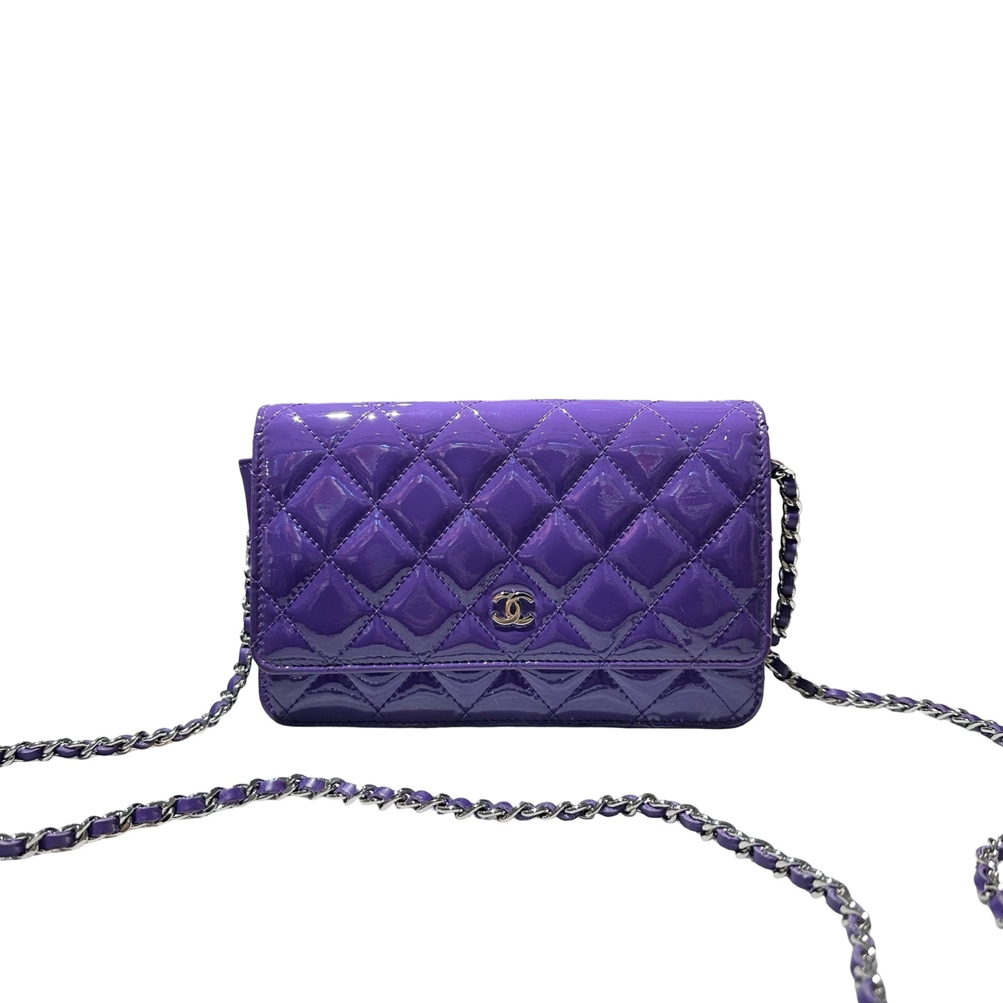 Used CHANEL Patent Leather WOC Cross Body Bag Purple PHW