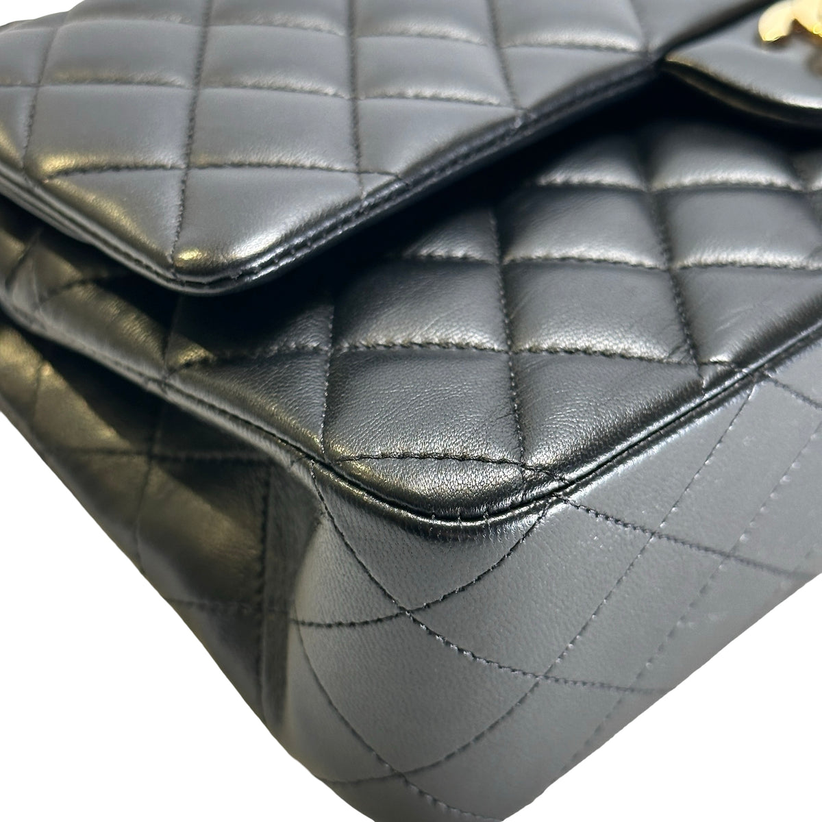 Used CHANEL Quilted Lambskin Classic Flap Chain Shoulder Bag Black Gold