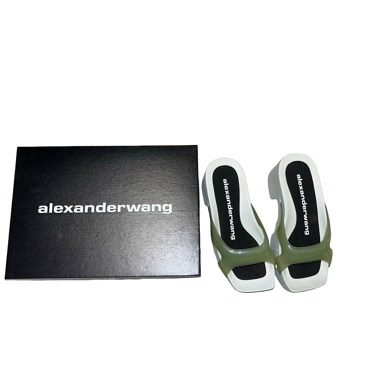 Used ALEXANDER WANG Solid Logo AW Logo Flip Flop Sandals Shoes Green Black White