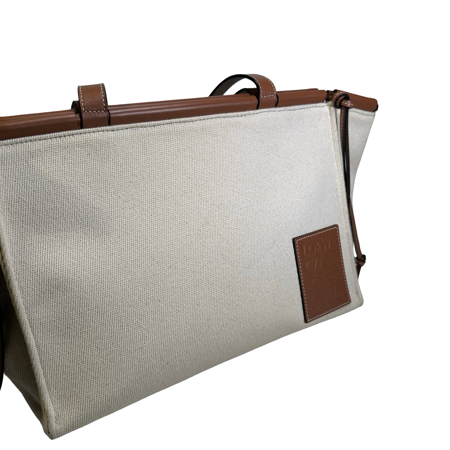 Used LOEWE Canvas Calfskin Cushion Tote Bag Ecru Tan