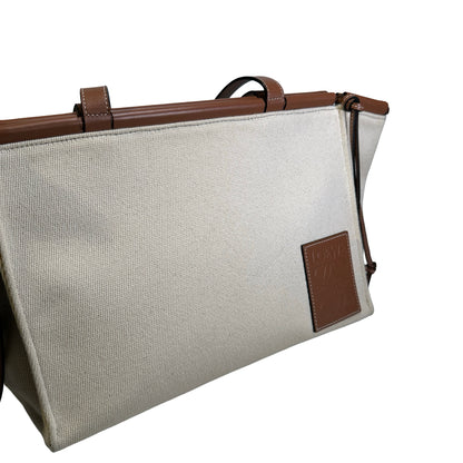 Used LOEWE Canvas Calfskin Cushion Tote Bag Ecru Tan