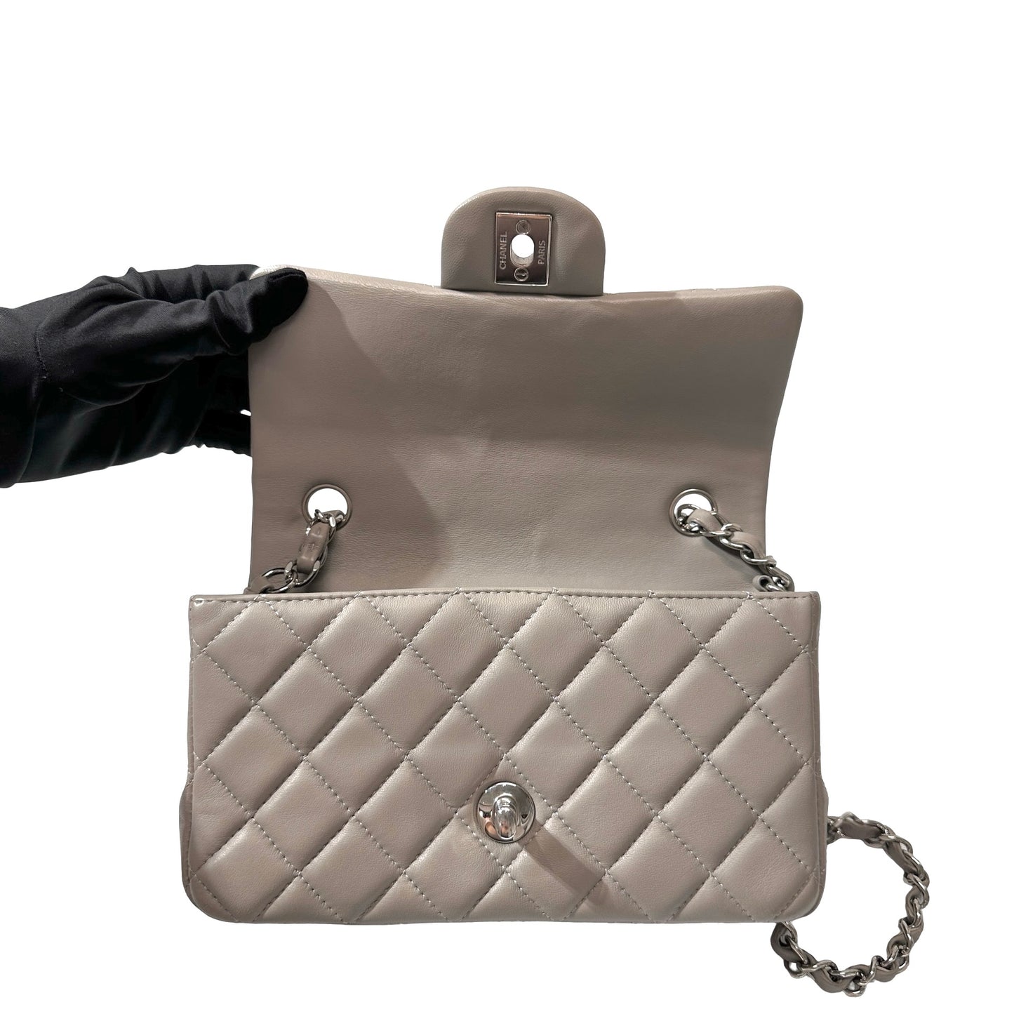Used CHANEL Quilted Lambskin Classic Flap Chain Shoulder Bag Grey PHW