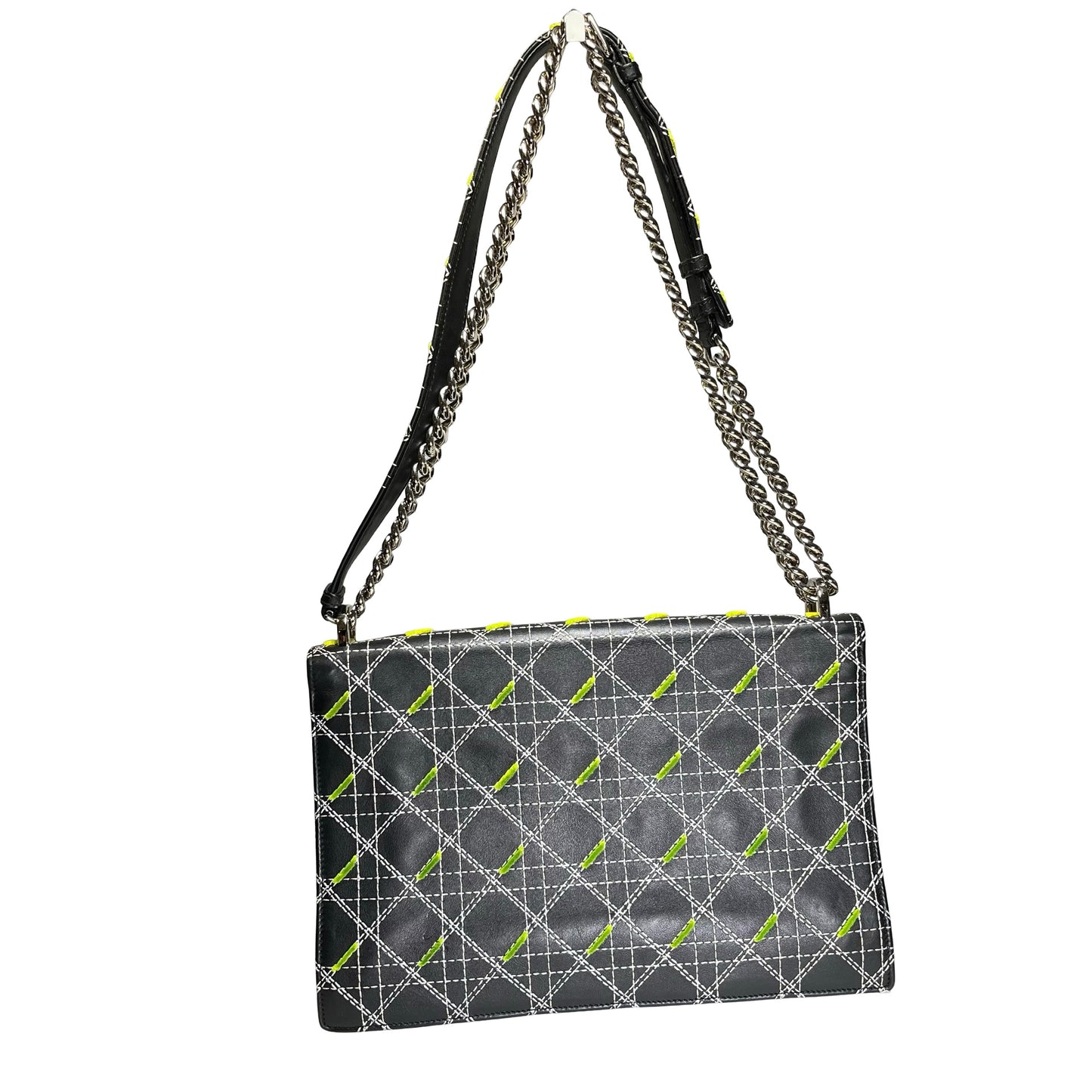 Used DIOR Cannage Leather Diorama Chain Shoulder Bag Black Yellow White PHW